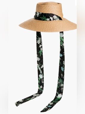 Karl Lagerfeld Floral Ribbon Straw Sun Hat UPF 40+ One Size NWT